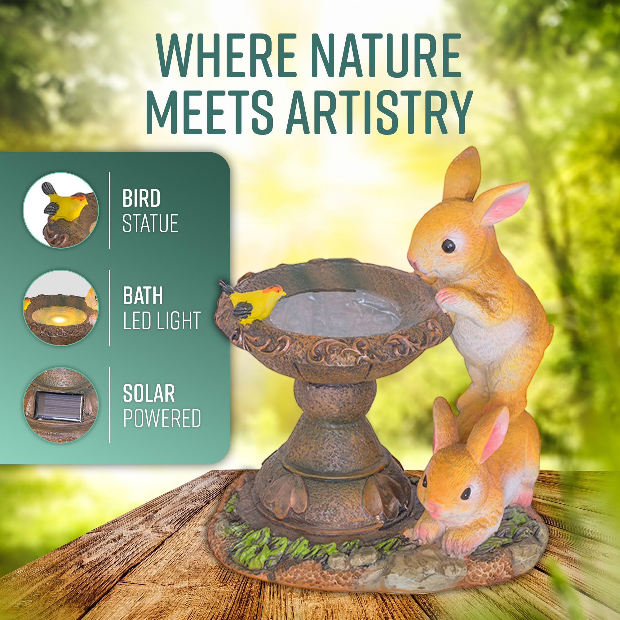 GloBrite Solar Rabbit Bird Bath for Garden | Outdoor Statue Gifts | Waterproof Resin Sculpture With Solar Lights for Christmas Decorations & Home Decor